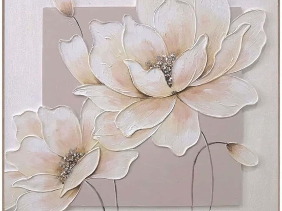 Κάδρο 3D Άνθη & Μπουμπούκια 16-30083 80x80cm White-Beige Marhome Τετράγωνοι Ξύλο, Καμβάς