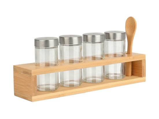 Βάση Μπαχαρικών Με Βαζάκια Bamboo Essentials (Σετ 6Τμχ) 01-28763 30x6x9,5cm Natural-Clear Estia Γυαλί,Bamboo