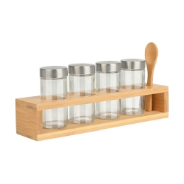 Βάση Μπαχαρικών Με Βαζάκια Bamboo Essentials (Σετ 6Τμχ) 01-28763 30x6x9,5cm Natural-Clear Estia Γυαλί,Bamboo
