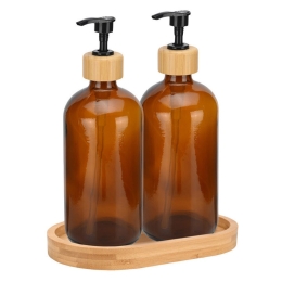 Δοχεία Κρεμοσάπουνου Γυάλινα Bamboo Essentials (Σετ 3Τμχ) 02-28800 500ml Με Δίσκο Honey-Natural Estia Γυαλί,Bamboo