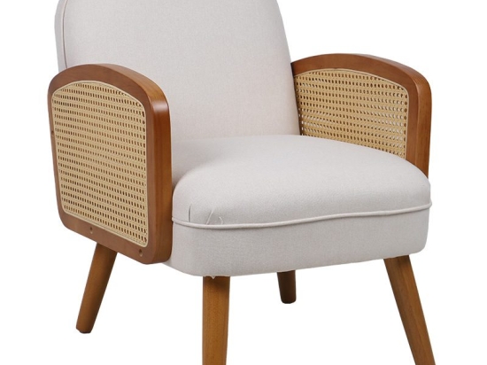 Πολυθρόνα Ricco pakoworld ύφασμα μπεζ-pe rattan φυσικό-rubberwood καρυδί