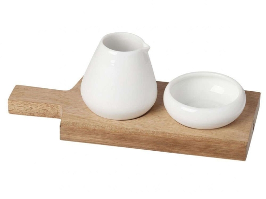 Πλατώ Σερβιρίσματος Με Δοχεία (Σετ 3Τμχ) 17x7,5cm White-Natural Raeder Ξύλο,Πορσελάνη