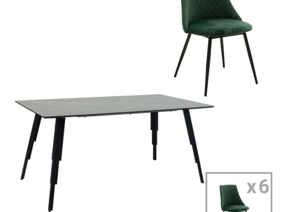 Τραπεζαρία Lifo-Giselle  pakoworld σετ 7τμχ MDF cement-σκούρο πράσινο 160x90x75εκ