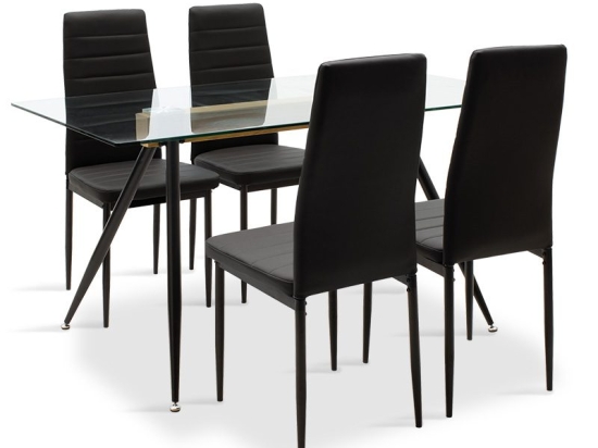 Τραπεζαρία Astrid-Parker pakoworld σετ 5τμχ γυάλινη με μαύρο pu 140x80x75εκ