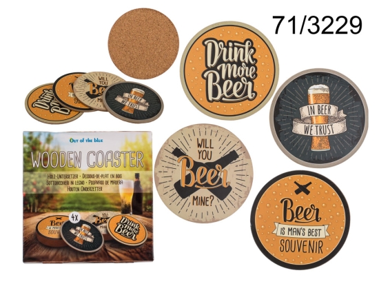 Ξύλινο Σουβέρ Beer, 10 εκ. Σετ 4 τμχ.