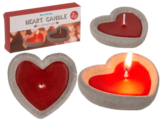 Red candle in cement pot, heart shaped
