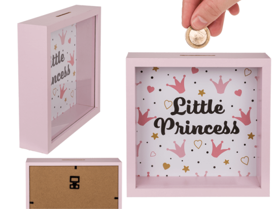 Κουμπαράς Little Princess ξύλινης κατασκευής σε χρώμα ροζ με μπροστινό τζάμι, 20 x 20 εκ.