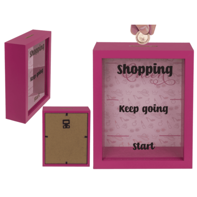 Ξύλινος Κουμπαράς, Shopping Queen, με πλαίσιο, 18 x 14 cm.