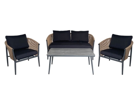 GASBA SET ΣΑΛΟΝΙ ΚΗΠΟΥ 4ΤΕΜ, ALU ΑΝΘΡΑΚΙ, ROPE WICKER ΦΥΣΙΚΟ, ΜΑΞΙΛΑΡΙΑ ΣΚΟΥΡΟ ΓΚΡΙ