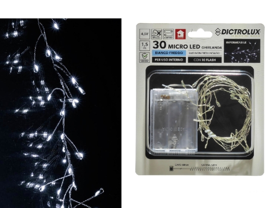 30 MICROLED ΕΣΩΤ. ΧΩΡΟΥ ΨΥΧΡΟ ΛΕΥΚΟ ΦΩΣ ΔΙΑΦΑΝΟ ΚΑΛΩΔΙΟ ΜΗ ΕΠΕΚΤΕΙΝΟΜΕΝΟ IP44 ΜΠΑΤΑΡΙΑΣ 4.5V 2M