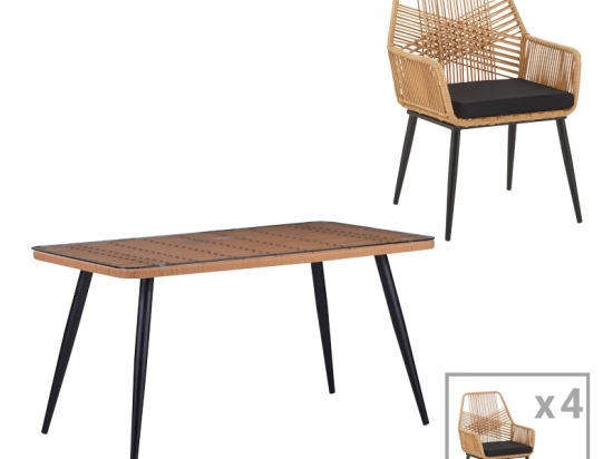 ΤΡΑΠΕΖΑΡΙΑ NAOKI-TANISH ΣΕΤ 5 ΤΕΜ PAKOWORLD ΓΥΑΛΙΝΟ- PE RATTAN ΣΕ ΦΥΣΙΚΗ ΑΠΟΧΡΩΣΗ ΜΕ ΜΑΥΡΑ ΠΟΔΙΑ 140X80X78ΕΚ