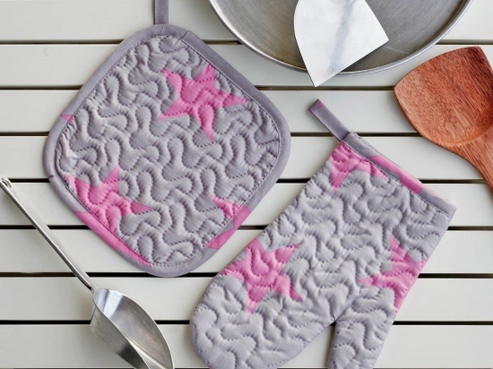 Πιάστρα Και Γάντι Κουζίνας Σετ 2τμχ Star Girl Grey-Pink Melinen Microfiber