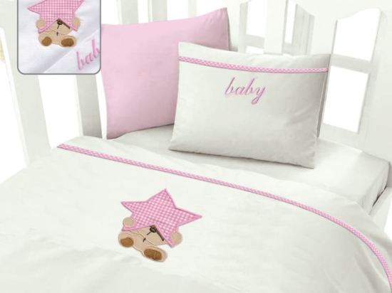 Bonsai Home Σετ Σεντόνια Βρεφικά με Κέντημα 120×160 - Star Bear Pink
