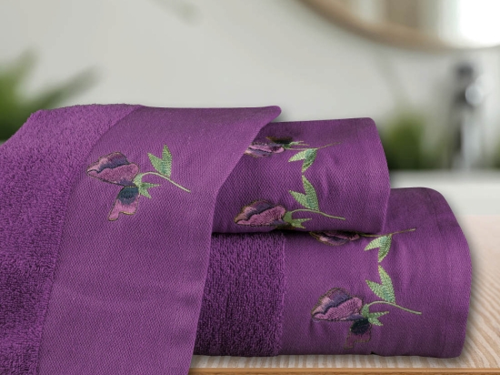 Borea Πετσέτες Σετ 3ΤΜΧ Sweet Pea 70 x 140 / 50 x 90 / 30 x 50 cm Δαμασκηνί