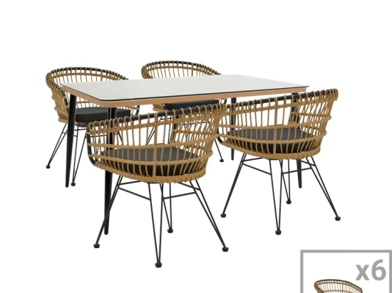 Τραπεζαρία Naoki C pakoworld σετ 7 τμχ rattan φυσικό-μαύρο μέταλλο-γυαλί 160x90x78εκ
