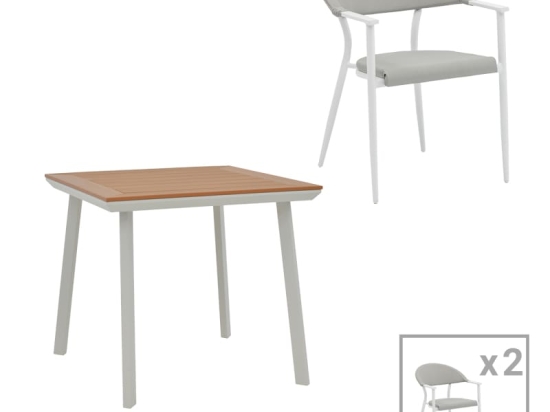 Τραπεζαρία Synergy-Pino σετ 3τεμ pakoworld λευκό αλουμίνιο και plywood σε φυσικό χρώμα 80x80x74εκ