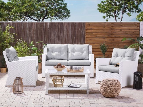 Sunny σετ καθιστικό κήπου λευκό wicker με μαξιλάρια γκρι 