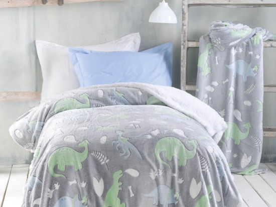 Dinoland γκρι παιδικό κουβερτοπάπλωμα flannel fleece που φωσφορίζει στο σκοτάδι 160x220 εκ