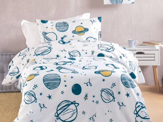 Saturn σετ παιδικά βαμβακερά σεντόνια για ημίδιπλο κρεβάτι με πλανήτες και μαξιλαροθήκη σε λευκή απόχρωση σετ τριών τεμαχίων 160x260 εκ