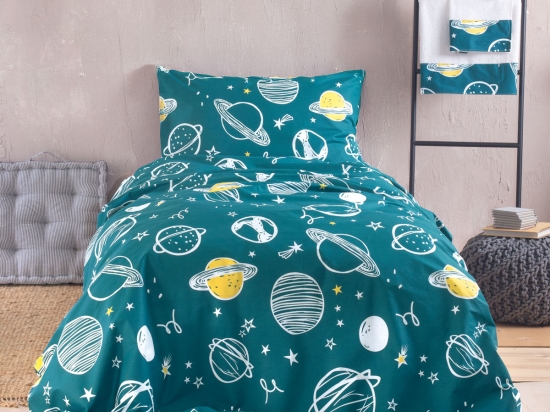 Saturn σετ παιδικά βαμβακερά σεντόνια για ημίδιπλο κρεβάτι με πλανήτες και μαξιλαροθήκη σε πετρόλ απόχρωση σετ τριών τεμαχίων 160x260 εκ