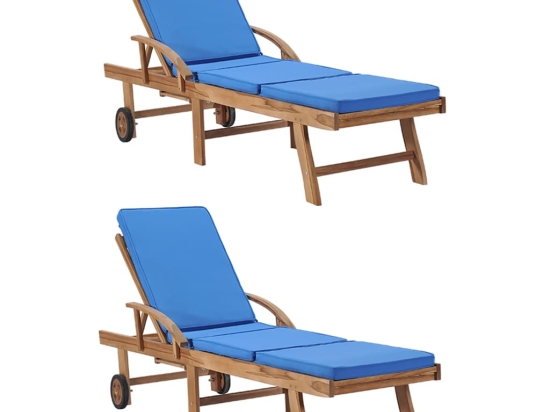 Ξαπλώστρες σετ δύο τεμαχίων από μασίφ ξύλο teak με γαλάζια μαξιλάρια