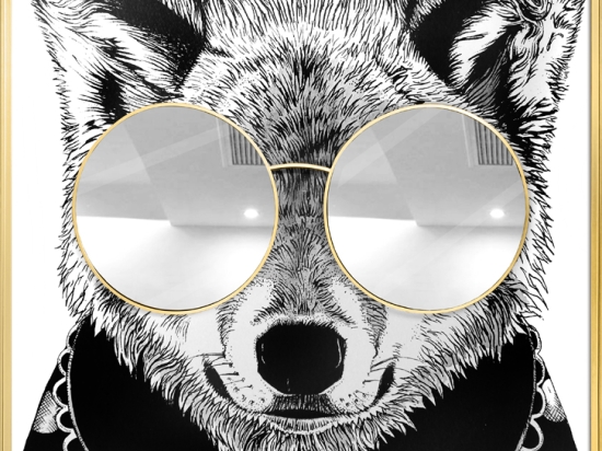 Racoon Thug Life πίνακας με ασημί καθρέπτη σε καμβά και πλαίσιο σε χρυσό χρώμα 118x130 εκ