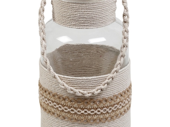 Boho φανάρι γυάλινο με μπεζ πλέξη 18x30 εκ