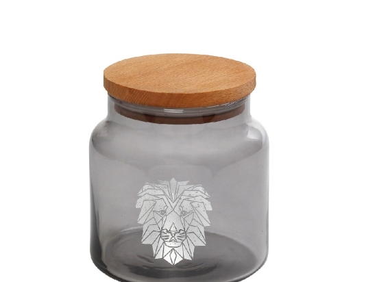Jungle Lion ασημί απόχρωσης γυάλινο δοχείο με καπάκι 10x11 εκ
