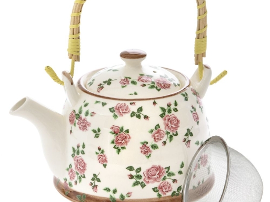 Floral λευκή κεραμική τσαγιέρα με ροζ λουλούδια 14x13 εκ