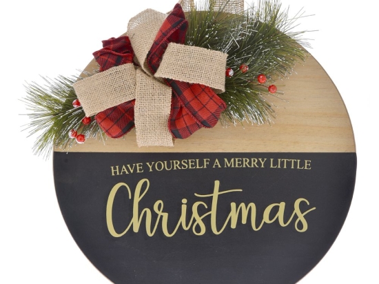 Διακοσμητική ξύλινη στρογγυλή πινακίδα Christmas και καρό κορδέλα 35 εκ