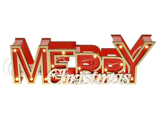 Κόκκινο ξύλινο Merry Christmas επιγραφή φωτιζόμενη διακοσμητική 31.6x6.4x10 εκ