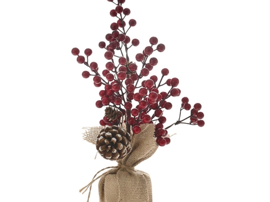 Mini δέντρο από κόκκινα berries με κουκουνάρια σε τσουβάλι 35 εκ