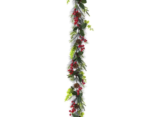 Πράσινη γιρλάντα διακοσμημένη με κόκκινα berries και κουκουνάρια 180 εκ