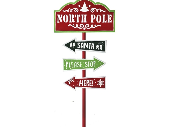 Κόκκινη μεταλλική ταμπέλα North Pole σε στύλο με φως 46x16x122 εκ