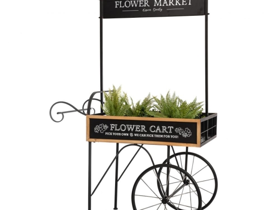 Flower Market μεταλλικό διακοσμητικό καρότσι σε μαύρο χρώμα με βάση για κασπώ και γλάστρες 92x67x167 εκ