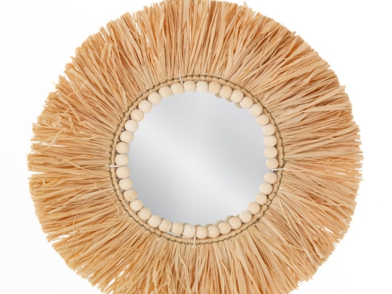 Boho επιτοίχιος στρογγυλός καθρέπτης με πλαίσιο από φύλλα φοίνικα Raffia σε φυσική απόχρωση 40 εκ