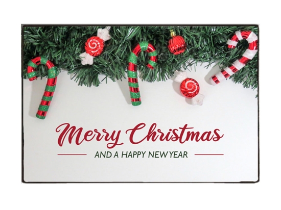 Happy New Year ξύλινο πινακάκι χειροποίητο με εικόνα χριστουγεννιάτικων στολιδιών