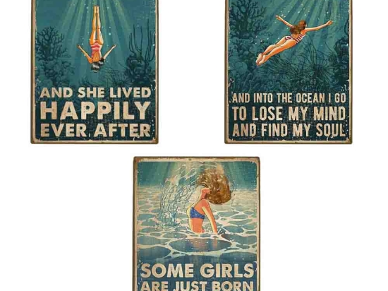 Ocean lover σετ τριών τεμαχίων από ξύλινους χειροποίητους πίνακες