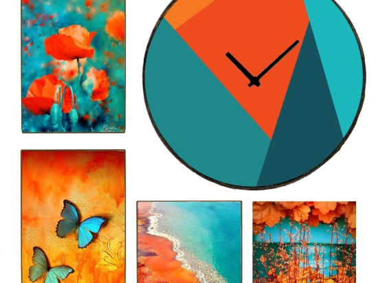 Blue Orange διακοσμητική σύνθεση με τέσσερις ξύλινους χειροποίητους πίνακες και ένα ρολόι τοίχου