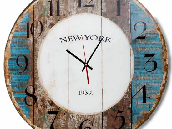 Vintage στρογγυλό ρολόι τοίχου New York 1939 από ξύλο χειροποίητο