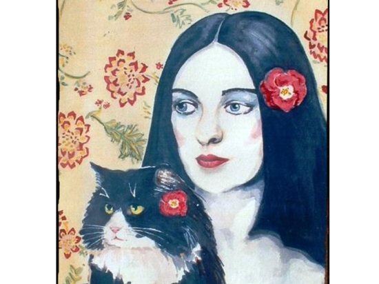 Ξύλινος πίνακας χειροποίητος woman and the cat 20x25 εκ
