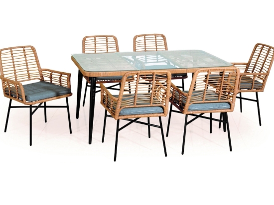 Ethnic τραπεζαρία rattan με μεταλλικό σκελετό σετ επτά τεμαχίων