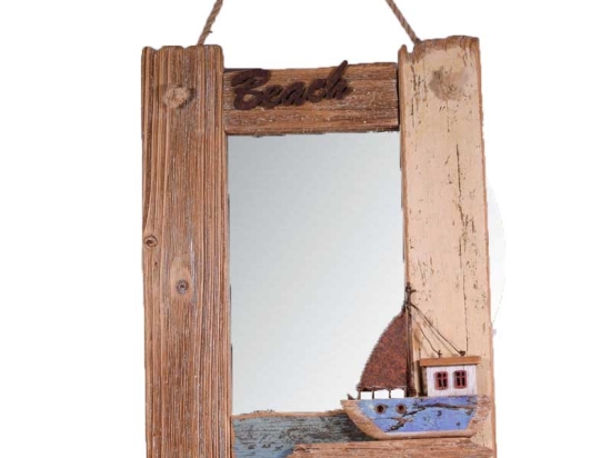 Διακοσμητικός ξύλινος καθρέπτης beach με καραβάκι 29x4x40 εκ