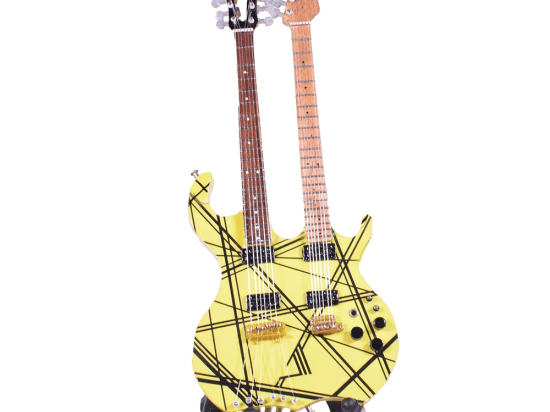 Eddie Van Halen ξύλινη χειροποίητη διπλή ηλεκτρική κιθάρα μινιατούρα σε βάση 20 εκ
