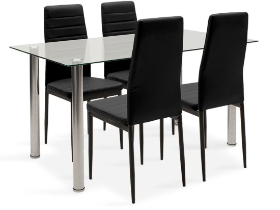 Τραπεζαρία Hazel-Parker pakoworld σετ 5τμχ γυάλινη με μαύρο pu 140x80x75εκ