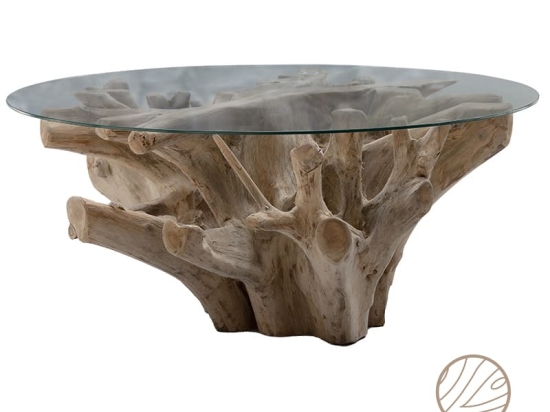 Τραπέζι σαλονιού Balance pakoworld γυαλί 6mm tempered-χειροποίητo teak ξύλο φυσικό 100x100x46εκ