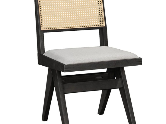 Καρέκλα Winslow pakoworld ξύλο rubberwood μαύρο-pvc rattan φυσικό-ύφασμα γκρι Σετ 2 Τεμαχίων