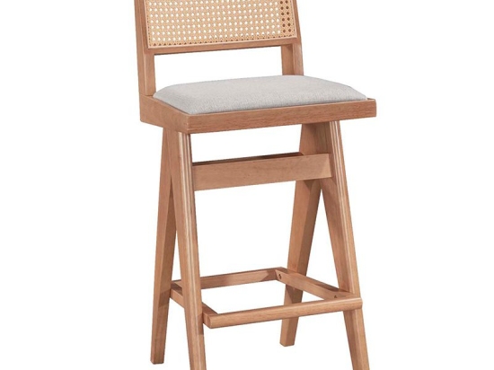 Σκαμπό bar Winslow pakoworld ξύλο rubberwood ανοικτό καρυδί-pvc rattan φυσικό-ύφασμα γκρι 44.5x46x98εκ Σετ 2 Τεμαχίων