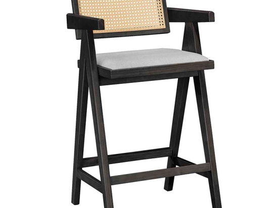 Σκαμπό bar Winslow pakoworld ξύλο rubberwood μαύρο-pvc rattan φυσικό-ύφασμα γκρι Σετ 2 Τεμαχίων