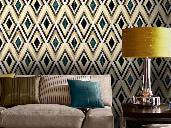 Ταπετσαρία Diamonds In Brass WP20292 Black-Ivory-Green-Gold MindTheGap 52x1000cm
